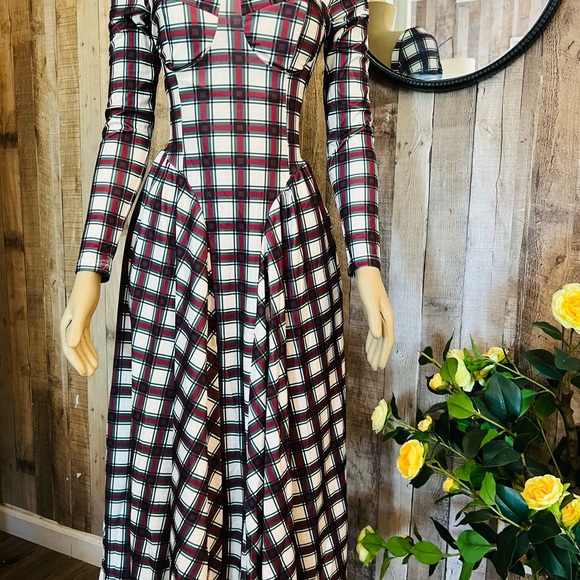 Elegant Plaid A-line Dress for Women Square Neck Backless Long Sleeves Slim Dres - Picture 3 of 15